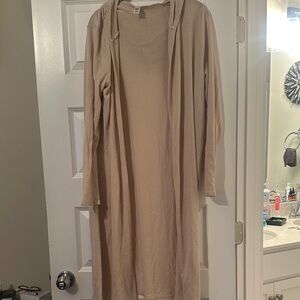 Open-Front Hooded Long Cardigan in Light Tan